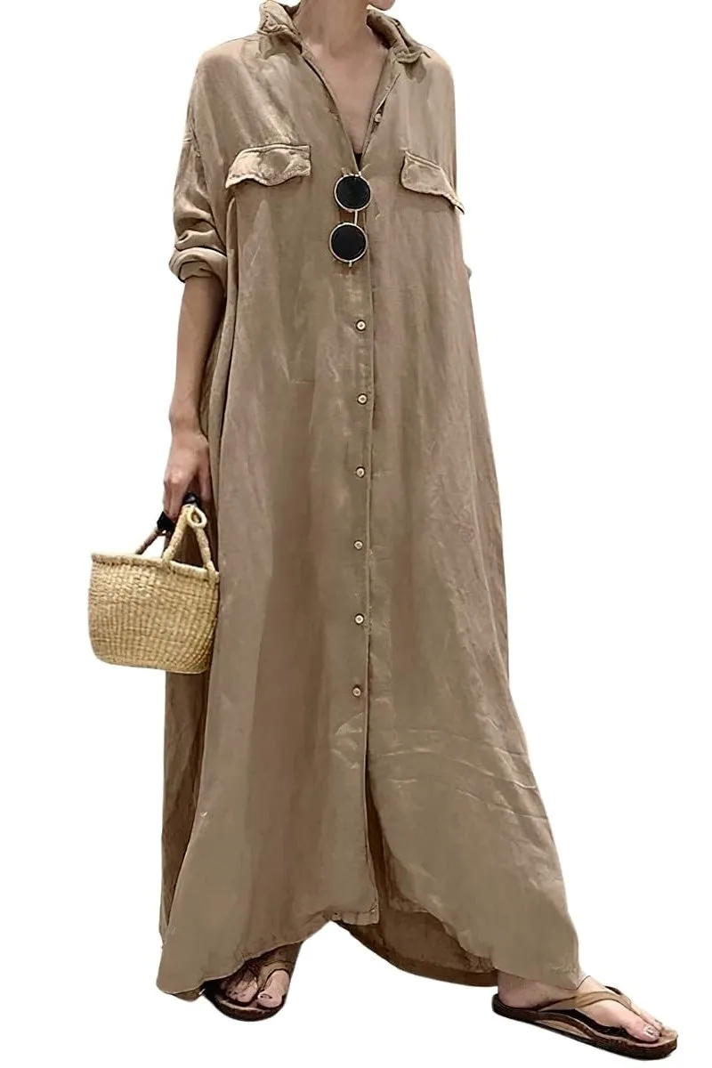 Chouyatou Women's Casual Long Sleeve Maxi Shirt Dress Loose Fit Cotton Button Down Swing Long Dress