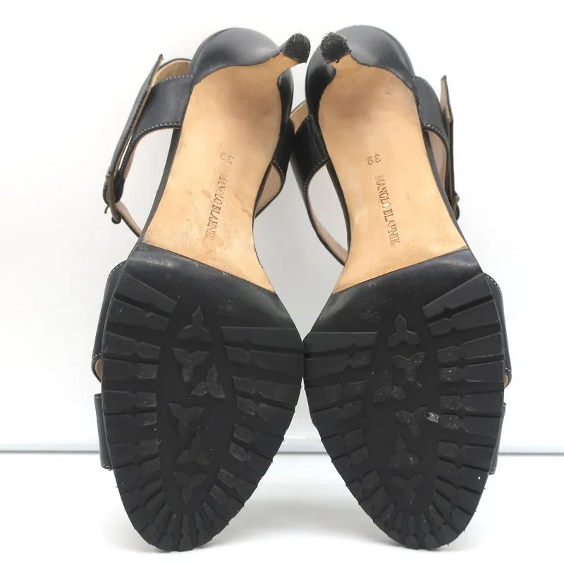 Manolo Blahnik Crisscross Sandals Black Leather Size 39 Ankle Strap Heels