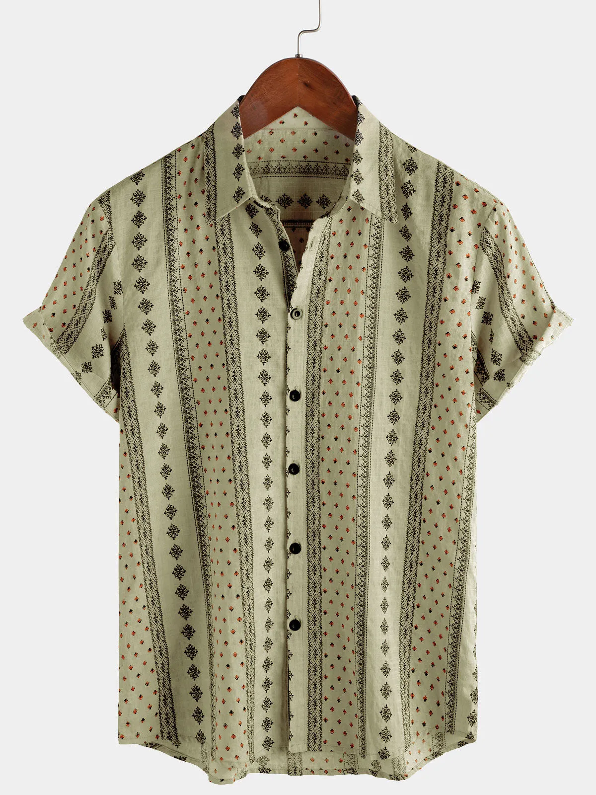 Men's Retro Khaki Striped Print Button Up 70s Vintage Short Sleeve Shirt