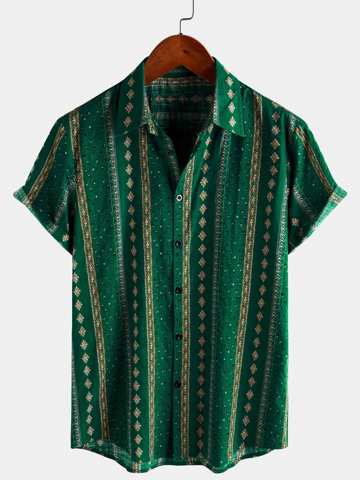 Men's Retro Striped Print Button Up 70s Vintage Short Sleeve Shirt