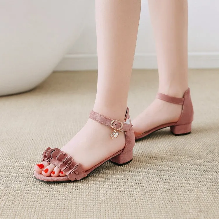 Women's Solid Color Pleated Ankle Strap Hollow Out Low Block Heels Sandals